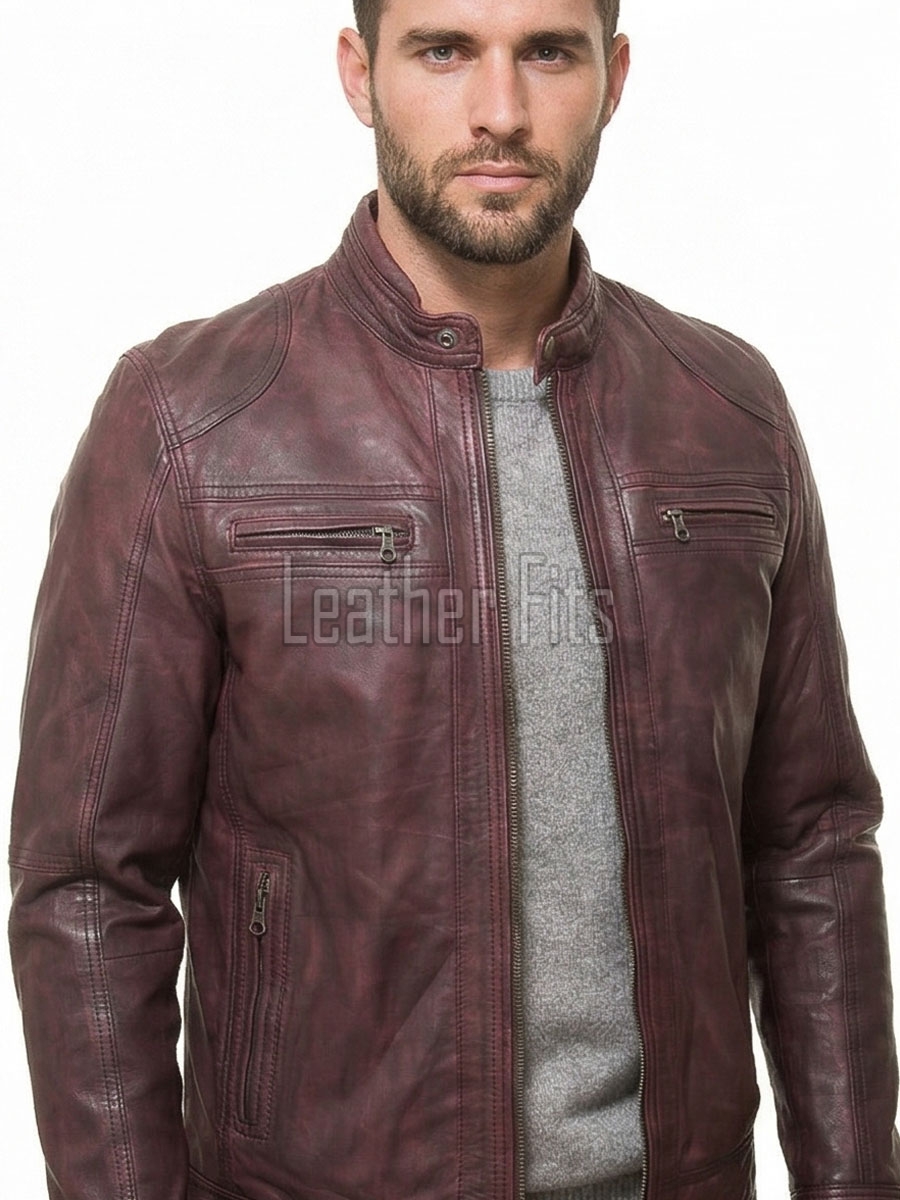 Men Maroon Distressed Premium Genuine Leather Jacket - Vintage Biker Moto Cafe Racer Multi-Pocket Snap Tab Collar Real Sheepskin Coat Men