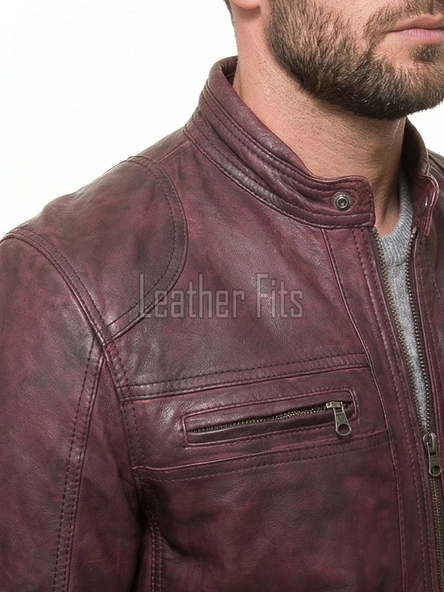 Men Maroon Distressed Premium Genuine Leather Jacket - Vintage Biker Moto Cafe Racer Multi-Pocket Snap Tab Collar Real Sheepskin Coat Men