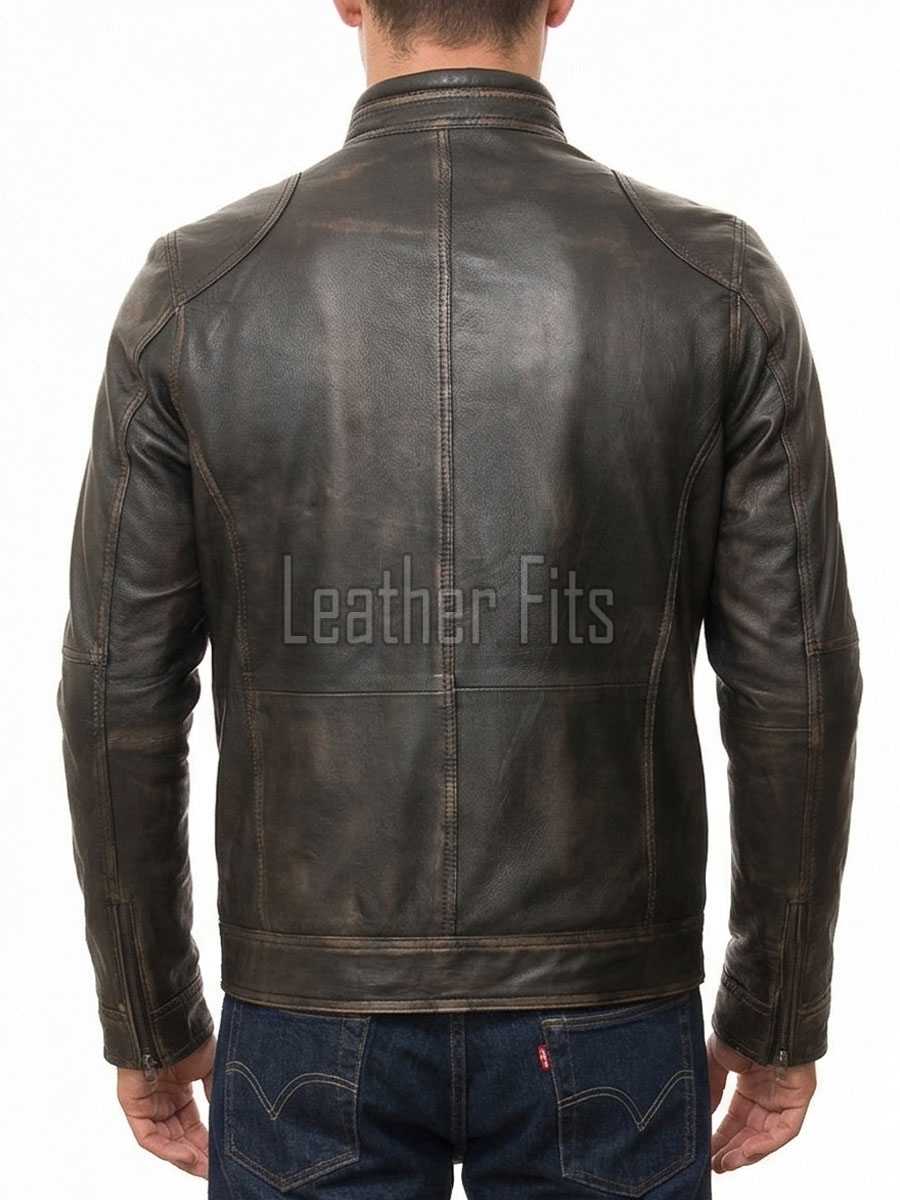 Men Antique Brown Distressed Premium Genuine Leather Jacket - Vintage Biker Moto Cafe Racer Multi-Pocket Snap Tab Collar Sheepskin Coat Men