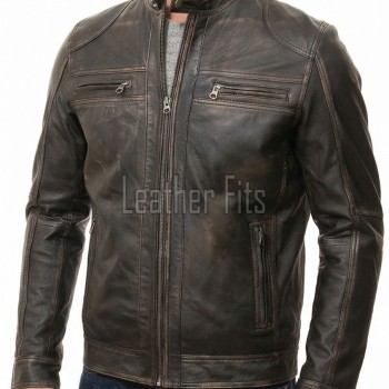 Men Antique Brown Distressed Premium Genuine Leather Jacket - Vintage Biker Moto Cafe Racer Multi-Pocket Snap Tab Collar Sheepskin Coat Men