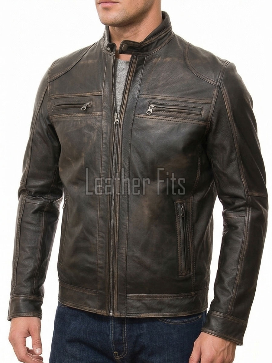 Men Antique Brown Distressed Premium Genuine Leather Jacket - Vintage Biker Moto Cafe Racer Multi-Pocket Snap Tab Collar Sheepskin Coat Men