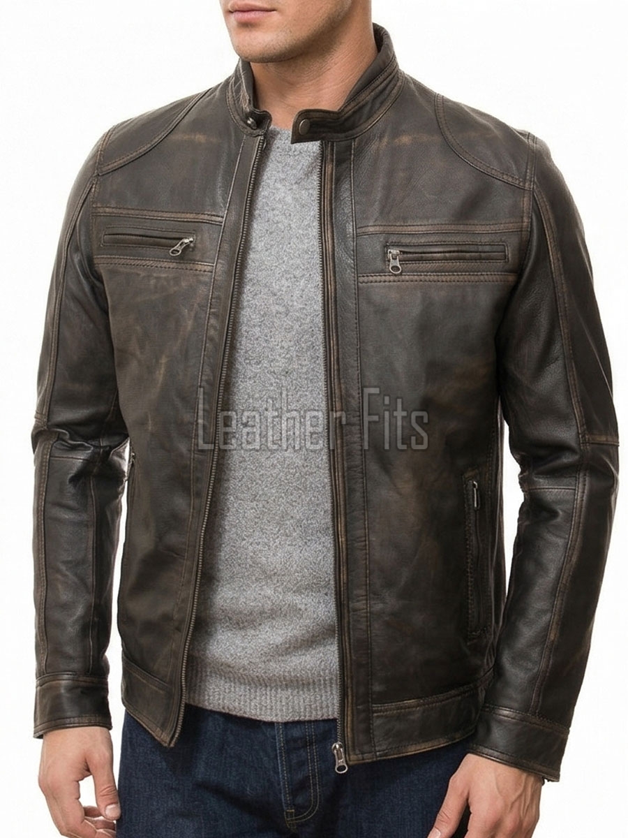 Men Antique Brown Distressed Premium Genuine Leather Jacket - Vintage Biker Moto Cafe Racer Multi-Pocket Snap Tab Collar Sheepskin Coat Men