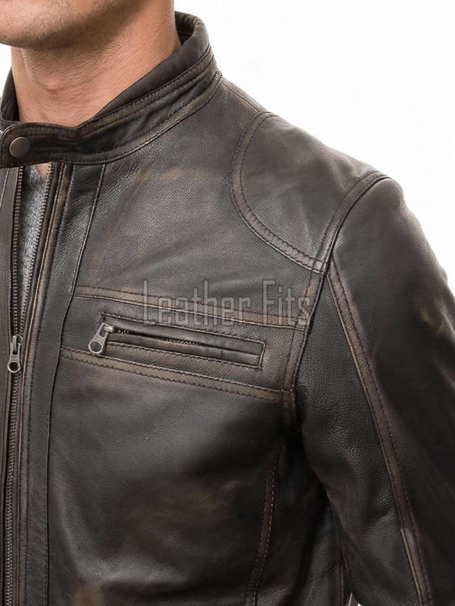 Men Antique Brown Distressed Premium Genuine Leather Jacket - Vintage Biker Moto Cafe Racer Multi-Pocket Snap Tab Collar Sheepskin Coat Men