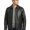 Men Black Classic Genuine Leather Jacket - Timeless Shirt Collar Harrington Cafe Racer Casual Premium Smooth Lambskin Outerwear Coat Men