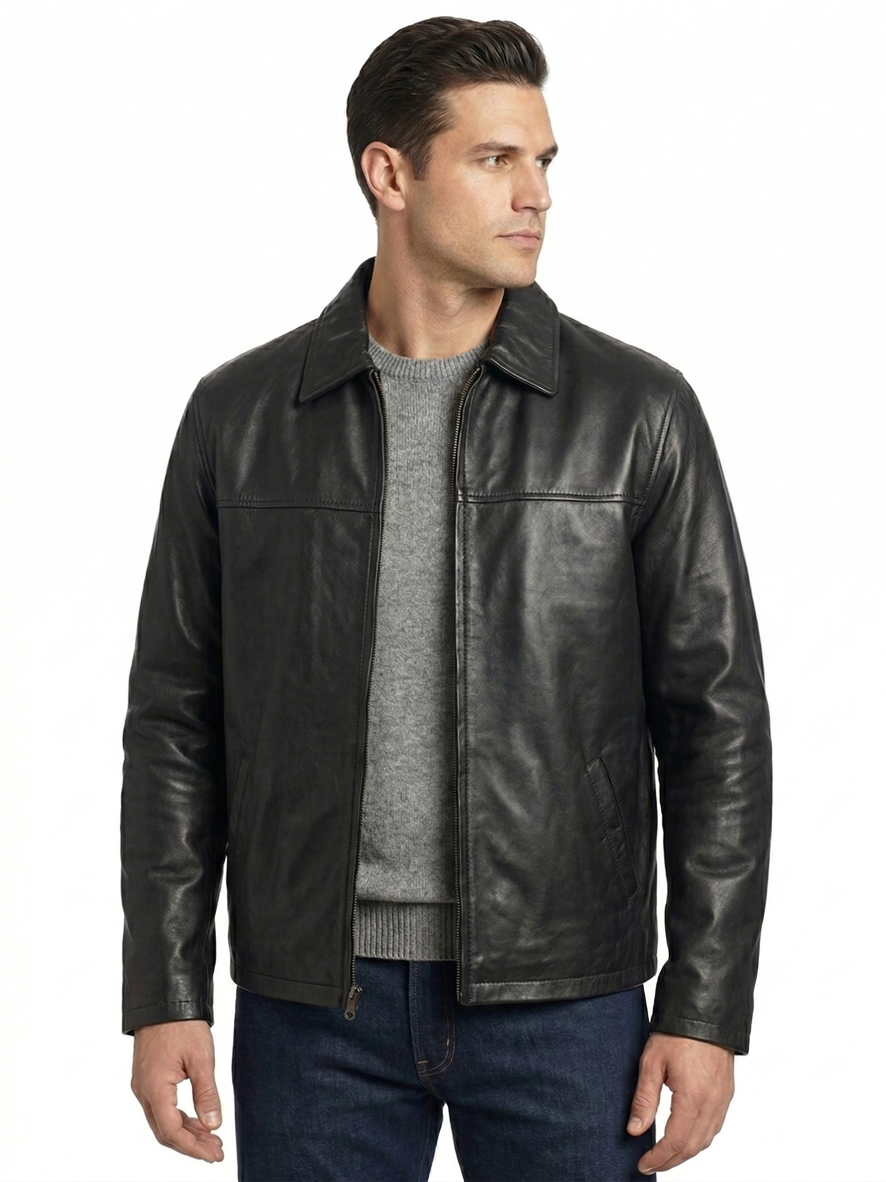 Men Black Classic Genuine Leather Jacket - Timeless Shirt Collar Harrington Cafe Racer Casual Premium Smooth Lambskin Outerwear Coat Men