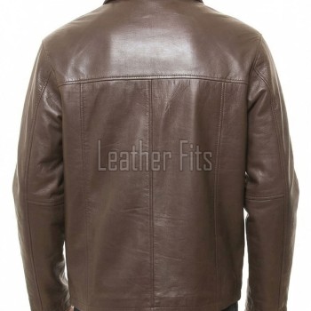Men Brown Classic Genuine Leather Jacket - Timeless Shirt Collar Harrington Cafe Racer Casual Premium Smooth Lambskin Outerwear Coat Men