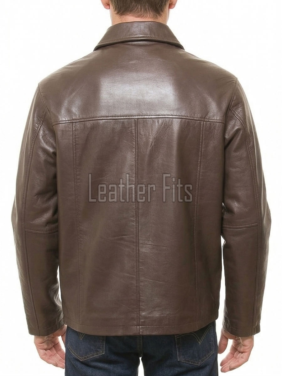 Men Brown Classic Genuine Leather Jacket - Timeless Shirt Collar Harrington Cafe Racer Casual Premium Smooth Lambskin Outerwear Coat Men