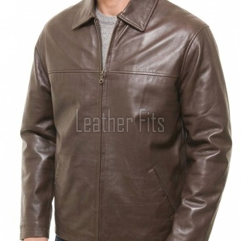 Men Brown Classic Genuine Leather Jacket - Timeless Shirt Collar Harrington Cafe Racer Casual Premium Smooth Lambskin Outerwear Coat Men