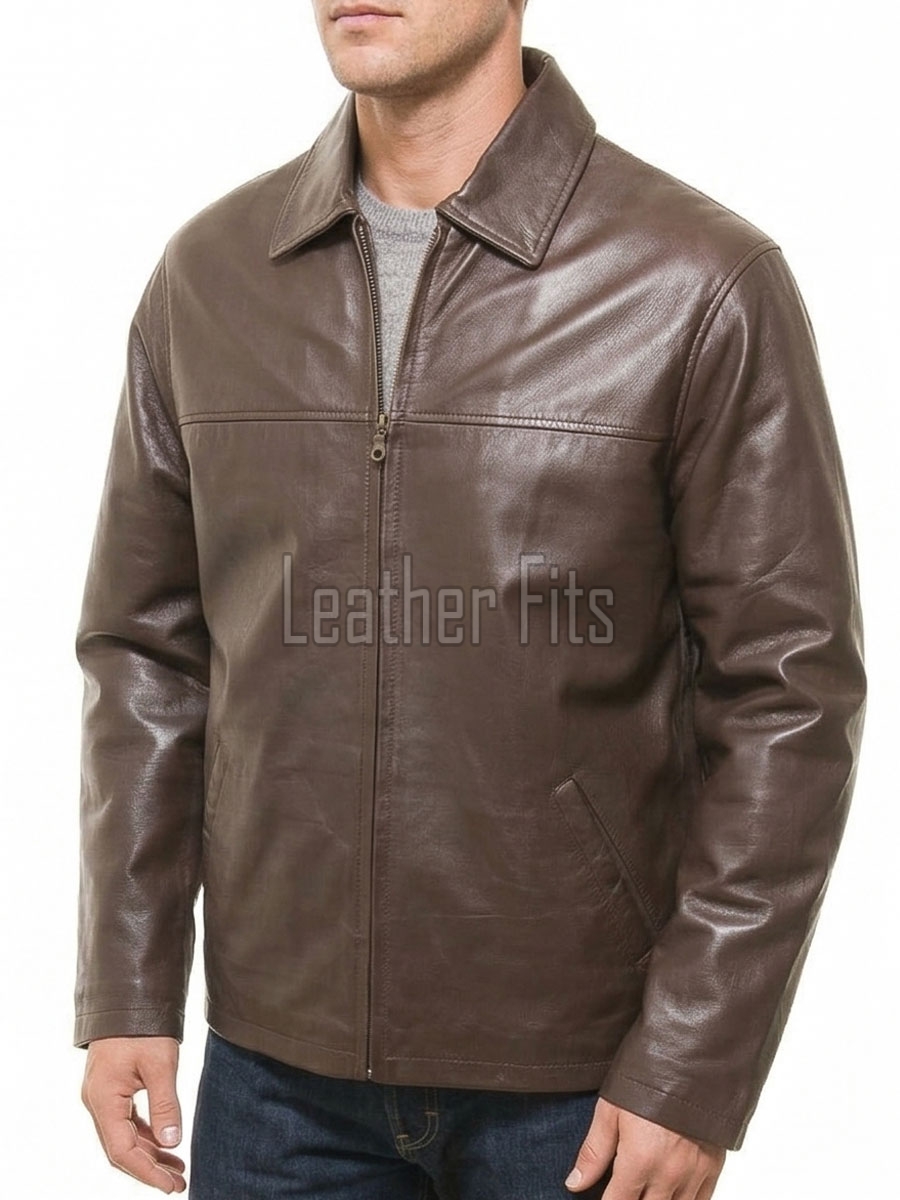 Men Brown Classic Genuine Leather Jacket - Timeless Shirt Collar Harrington Cafe Racer Casual Premium Smooth Lambskin Outerwear Coat Men