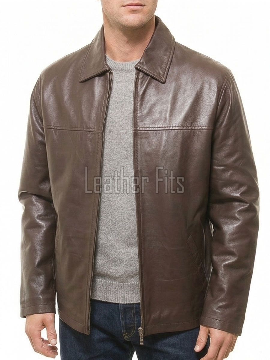Men Brown Classic Genuine Leather Jacket - Timeless Shirt Collar Harrington Cafe Racer Casual Premium Smooth Lambskin Outerwear Coat Men