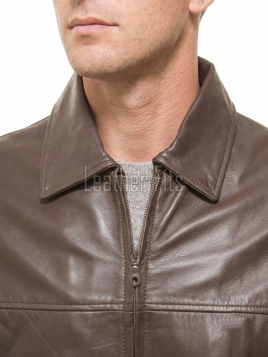 Men Brown Classic Genuine Leather Jacket - Timeless Shirt Collar Harrington Cafe Racer Casual Premium Smooth Lambskin Outerwear Coat Men