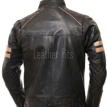 Men Black Quilted Genuine Leather Jacket - Vintage Cafe Racer Biker Moto Multi-Pocket Tan Striped Premium Sheepskin Outerwear Coat Men