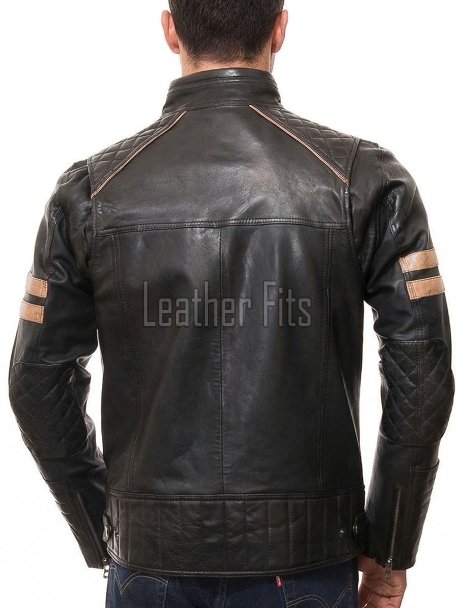 Men Black Quilted Genuine Leather Jacket - Vintage Cafe Racer Biker Moto Multi-Pocket Tan Striped Premium Sheepskin Outerwear Coat Men