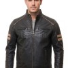 Men Black Quilted Genuine Leather Jacket - Vintage Cafe Racer Biker Moto Multi-Pocket Tan Striped Premium Sheepskin Outerwear Coat Men