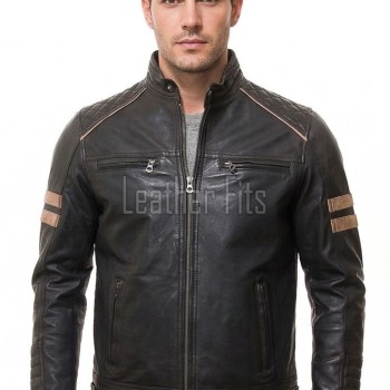 Men Black Quilted Genuine Leather Jacket - Vintage Cafe Racer Biker Moto Multi-Pocket Tan Striped Premium Sheepskin Outerwear Coat Men