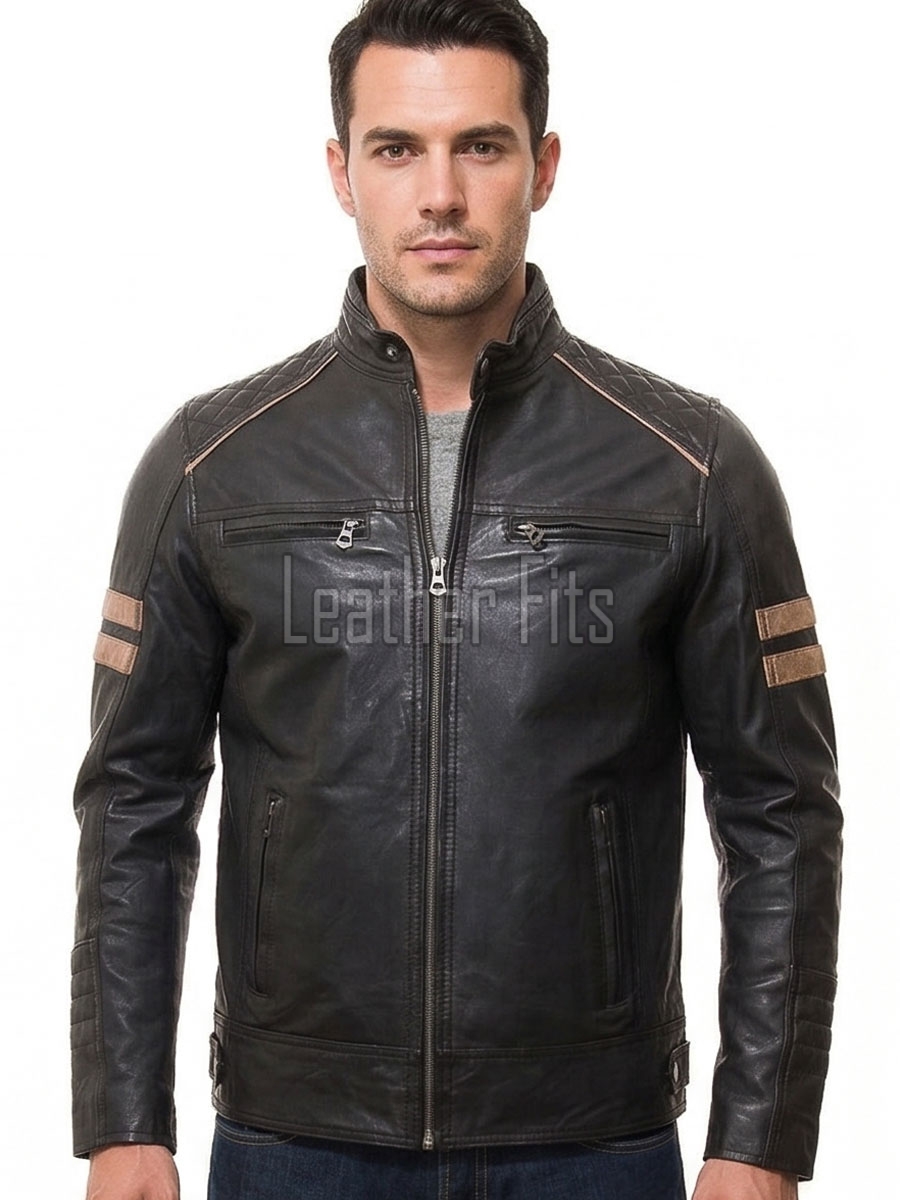 Men Black Quilted Genuine Leather Jacket - Vintage Cafe Racer Biker Moto Multi-Pocket Tan Striped Premium Sheepskin Outerwear Coat Men