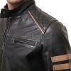 Men Black Quilted Genuine Leather Jacket - Vintage Cafe Racer Biker Moto Multi-Pocket Tan Striped Premium Sheepskin Outerwear Coat Men