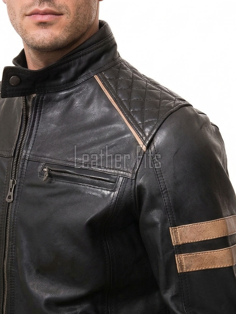 Men Black Quilted Genuine Leather Jacket - Vintage Cafe Racer Biker Moto Multi-Pocket Tan Striped Premium Sheepskin Outerwear Coat Men