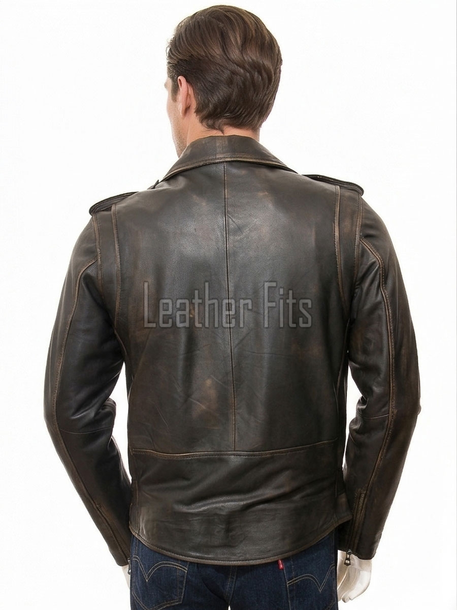 Men Distressed Antique Brown Genuine Leather Jacket - Vintage Brando Biker Moto Asymmetrical Cross Zip Premium Sheepskin Belted Coat Men