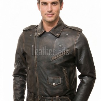 Men Distressed Antique Brown Genuine Leather Jacket - Vintage Brando Biker Moto Asymmetrical Cross Zip Premium Sheepskin Belted Coat Men