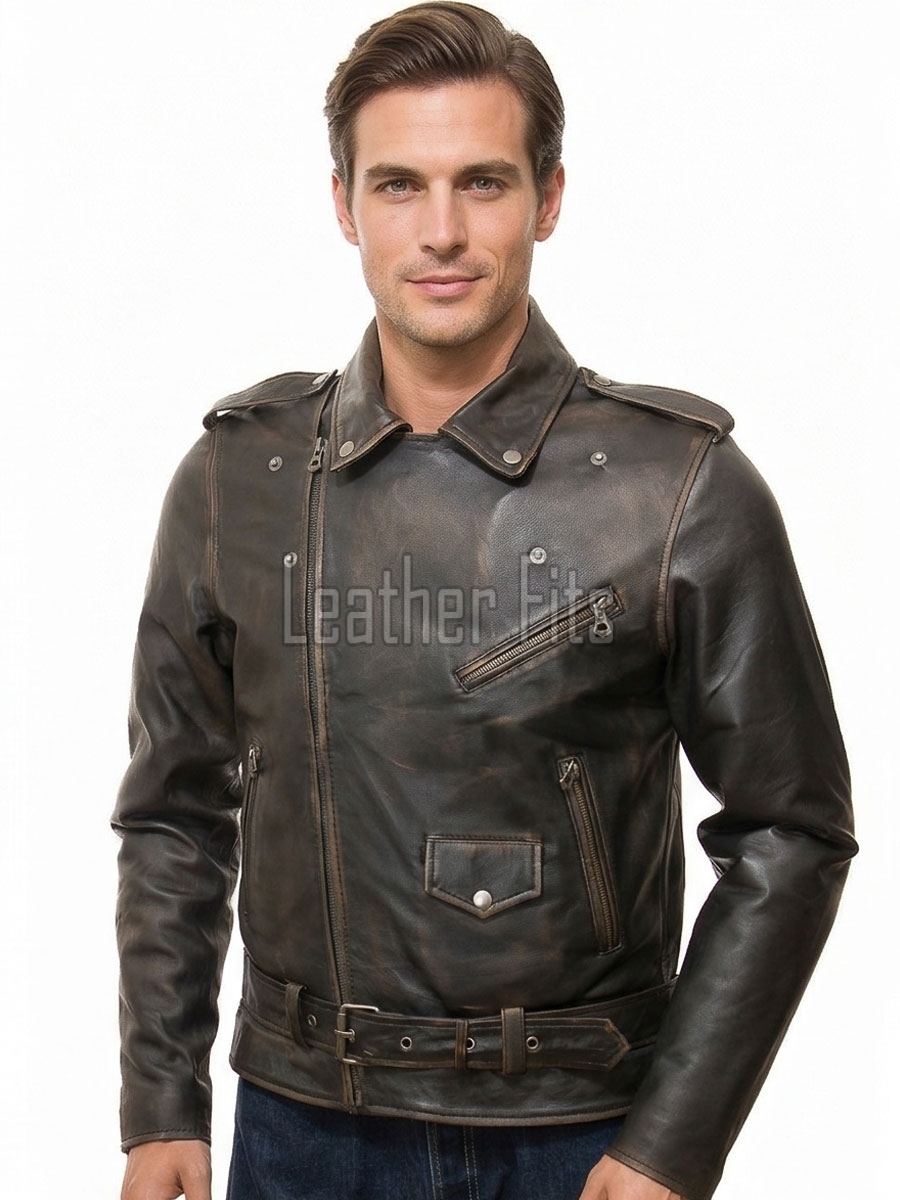 Men Distressed Antique Brown Genuine Leather Jacket - Vintage Brando Biker Moto Asymmetrical Cross Zip Premium Sheepskin Belted Coat Men