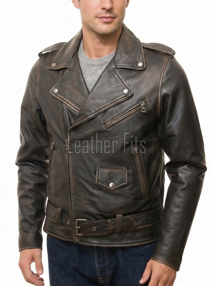 Men Distressed Antique Brown Genuine Leather Jacket - Vintage Brando Biker Moto Asymmetrical Cross Zip Premium Sheepskin Belted Coat Men