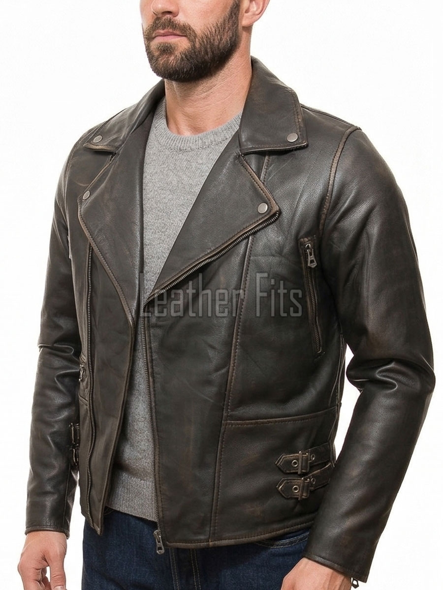 Men Antique Distressed Brown Biker Jacket - Vintage Style Asymmetrical Real Leather Moto Coat with Side Buckle Adjusters Premium Outerwear