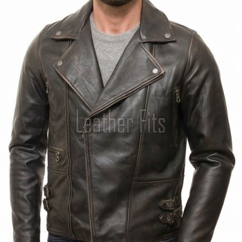 Men Antique Distressed Brown Biker Jacket - Vintage Style Asymmetrical Real Leather Moto Coat with Side Buckle Adjusters Premium Outerwear