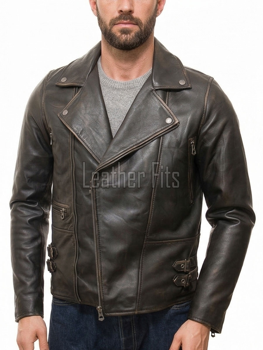 Men Antique Distressed Brown Biker Jacket - Vintage Style Asymmetrical Real Leather Moto Coat with Side Buckle Adjusters Premium Outerwear