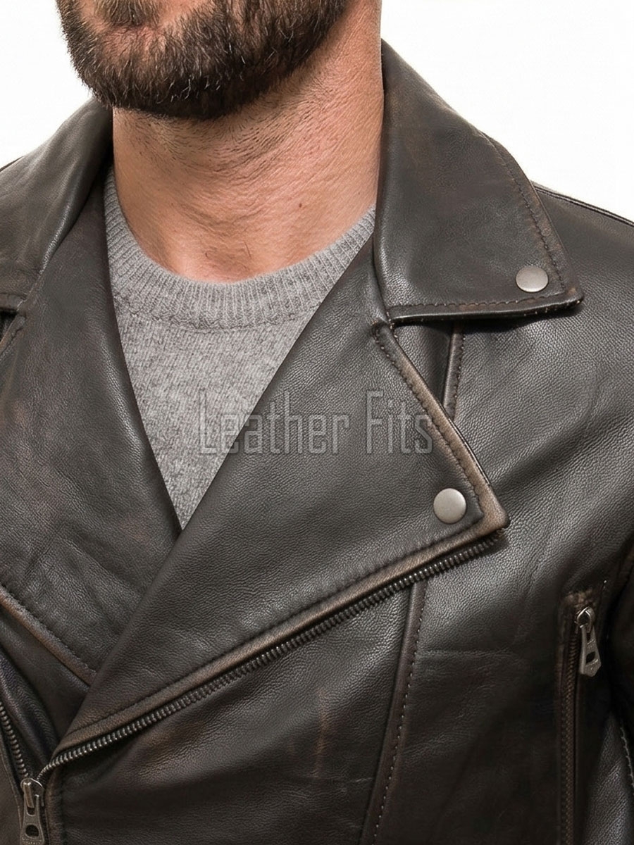Men Antique Distressed Brown Biker Jacket - Vintage Style Asymmetrical Real Leather Moto Coat with Side Buckle Adjusters Premium Outerwear