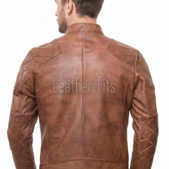 Men Tan Distressed Premium Genuine Leather Quilted Biker Cafe Racer Jacket