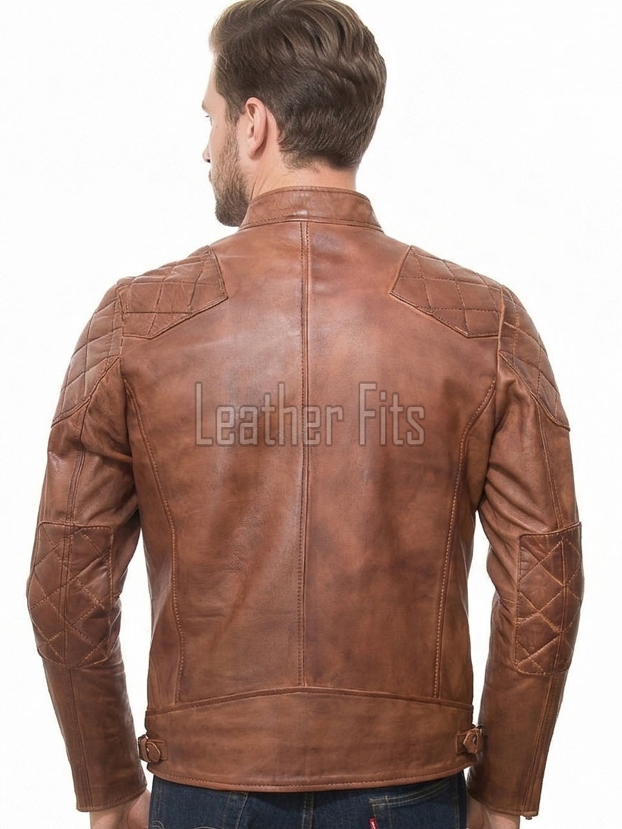 Men Tan Distressed Premium Genuine Leather Quilted Biker Cafe Racer Jacket