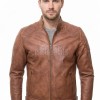 Men Tan Distressed Premium Genuine Leather Quilted Biker Cafe Racer Jacket