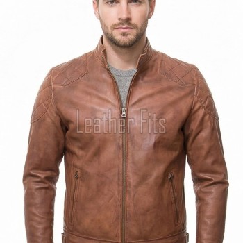 Men Tan Distressed Premium Genuine Leather Quilted Biker Cafe Racer Jacket