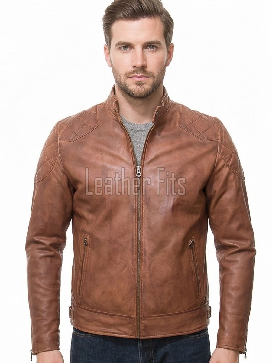 Men Tan Distressed Premium Genuine Leather Quilted Biker Cafe Racer Jacket