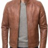 Men Tan Distressed Premium Genuine Leather Quilted Biker Cafe Racer Jacket