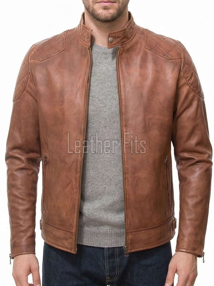 Men Tan Distressed Premium Genuine Leather Quilted Biker Cafe Racer Jacket