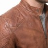 Men Tan Distressed Premium Genuine Leather Quilted Biker Cafe Racer Jacket