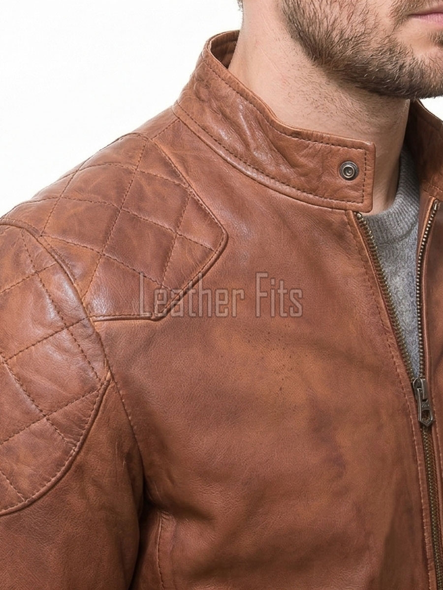 Men Tan Distressed Premium Genuine Leather Quilted Biker Cafe Racer Jacket