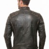 Men Vintage Brown Premium Genuine Leather Racer Jacket - Mandarin Snap Collar Slim Fit Real Sheepskin Distressed Dark Moto Outerwear Men