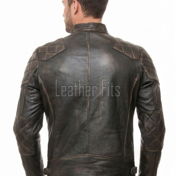 Men Distressed Dark Brown Leather Jacket - Vintage Quilted Cafe Racer Moto Biker Premium Real Sheepskin Slim Fit Zipper Coat Men