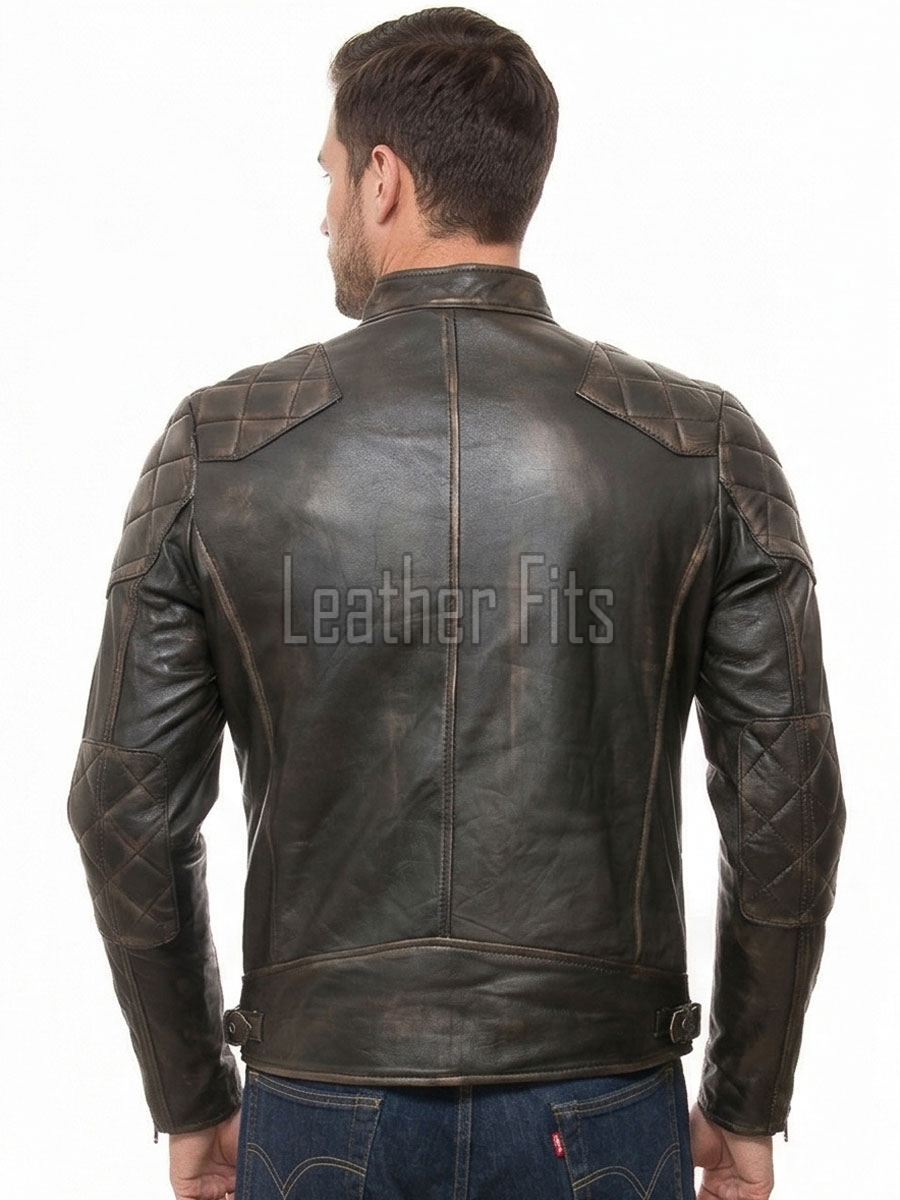 Men Vintage Brown Premium Genuine Leather Racer Jacket - Mandarin Snap Collar Slim Fit Real Sheepskin Distressed Dark Moto Outerwear Men