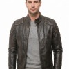 Men Vintage Brown Premium Genuine Leather Racer Jacket - Mandarin Snap Collar Slim Fit Real Sheepskin Distressed Dark Moto Outerwear Men