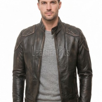 Men Distressed Dark Brown Leather Jacket - Vintage Quilted Cafe Racer Moto Biker Premium Real Sheepskin Slim Fit Zipper Coat Men