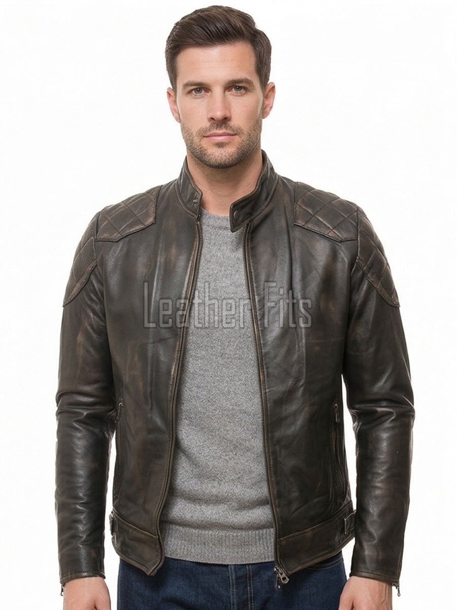 Men Vintage Brown Premium Genuine Leather Racer Jacket - Mandarin Snap Collar Slim Fit Real Sheepskin Distressed Dark Moto Outerwear Men