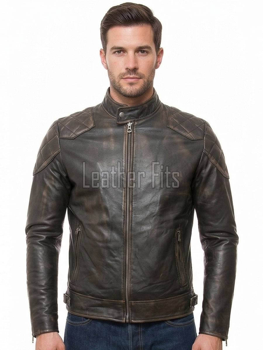 Men Distressed Dark Brown Leather Jacket - Vintage Quilted Cafe Racer Moto Biker Premium Real Sheepskin Slim Fit Zipper Coat Men
