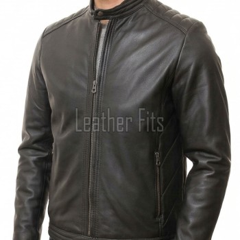 Men Black Leather Jacket - Vintage Cafe Racer Moto Biker Premium Real Sheepskin Padded Shoulder Slim Fit Zip Coat Men Sleek Outerwear