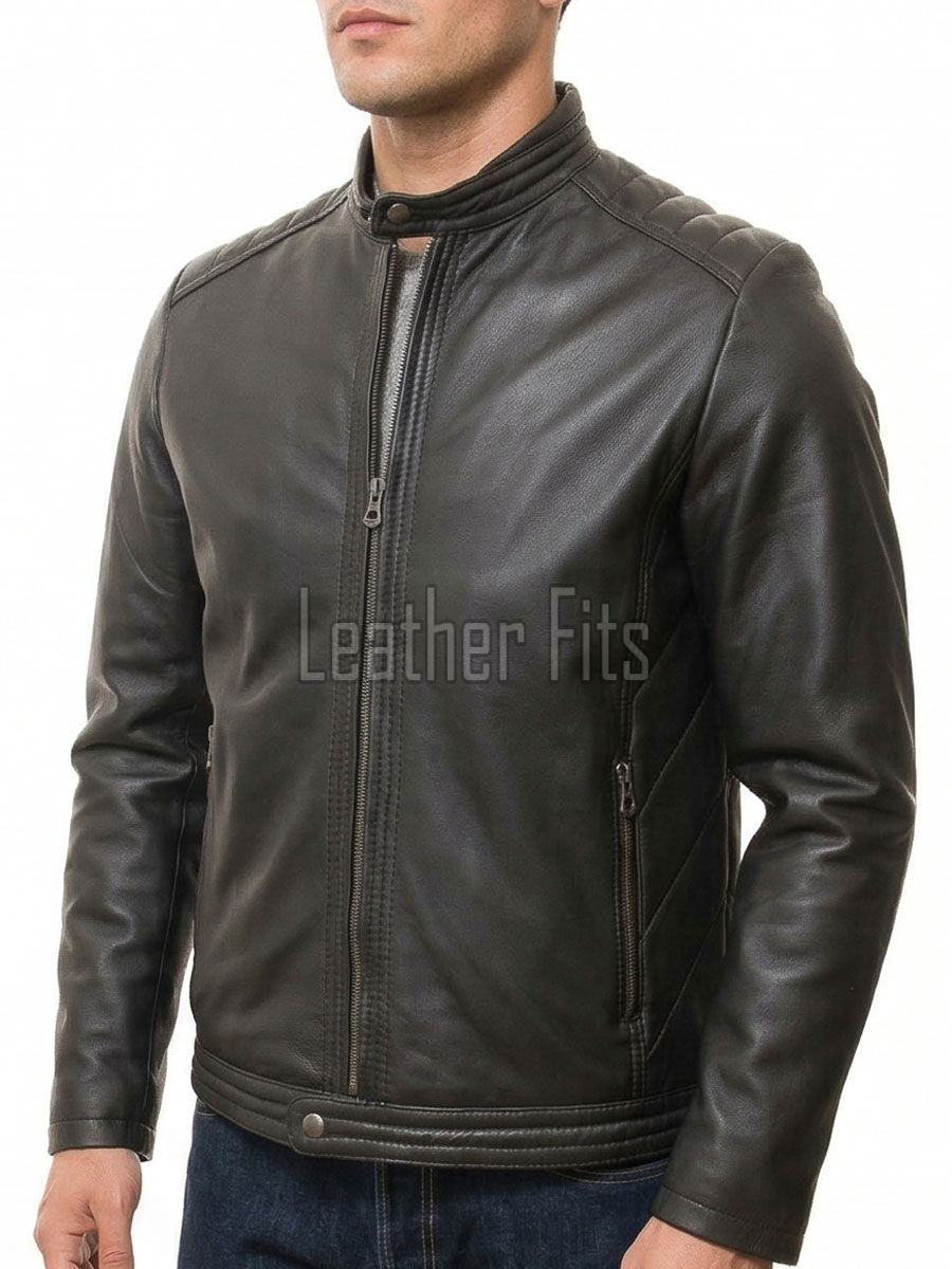 Men Black Leather Jacket - Vintage Cafe Racer Moto Biker Premium Real Sheepskin Padded Shoulder Slim Fit Zip Coat Men Sleek Outerwear