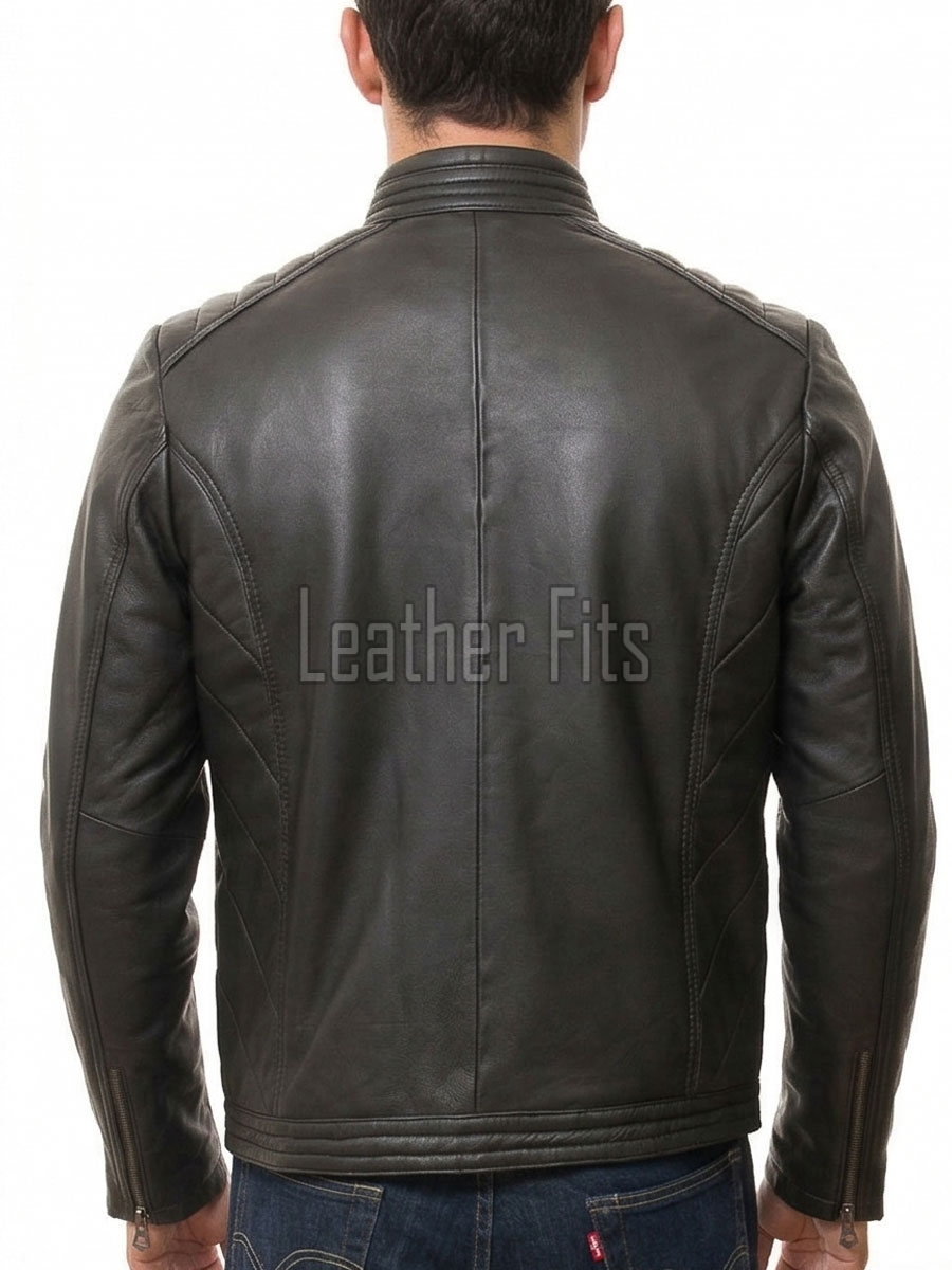 Men Black Leather Jacket - Vintage Cafe Racer Moto Biker Premium Real Sheepskin Padded Shoulder Slim Fit Zip Coat Men Sleek Outerwear