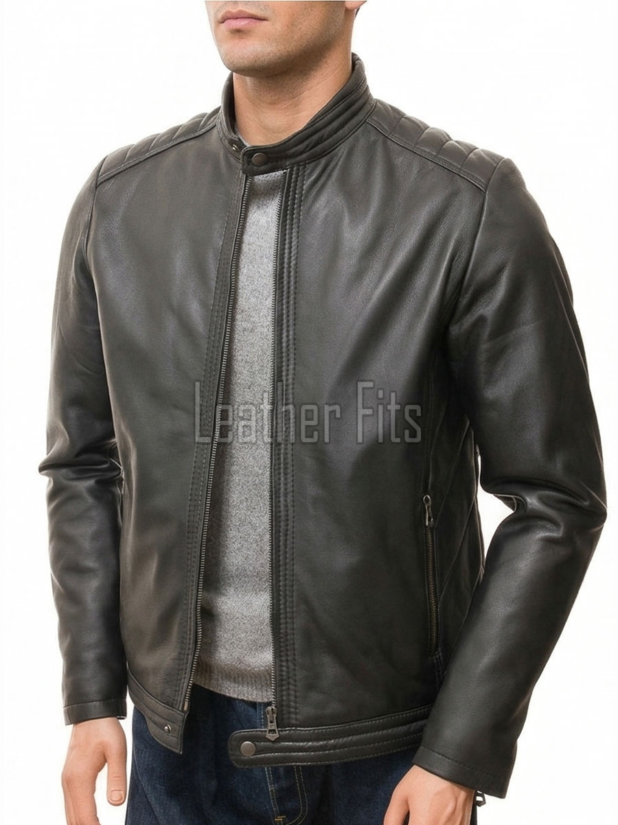 Men Black Leather Jacket - Vintage Cafe Racer Moto Biker Premium Real Sheepskin Padded Shoulder Slim Fit Zip Coat Men Sleek Outerwear